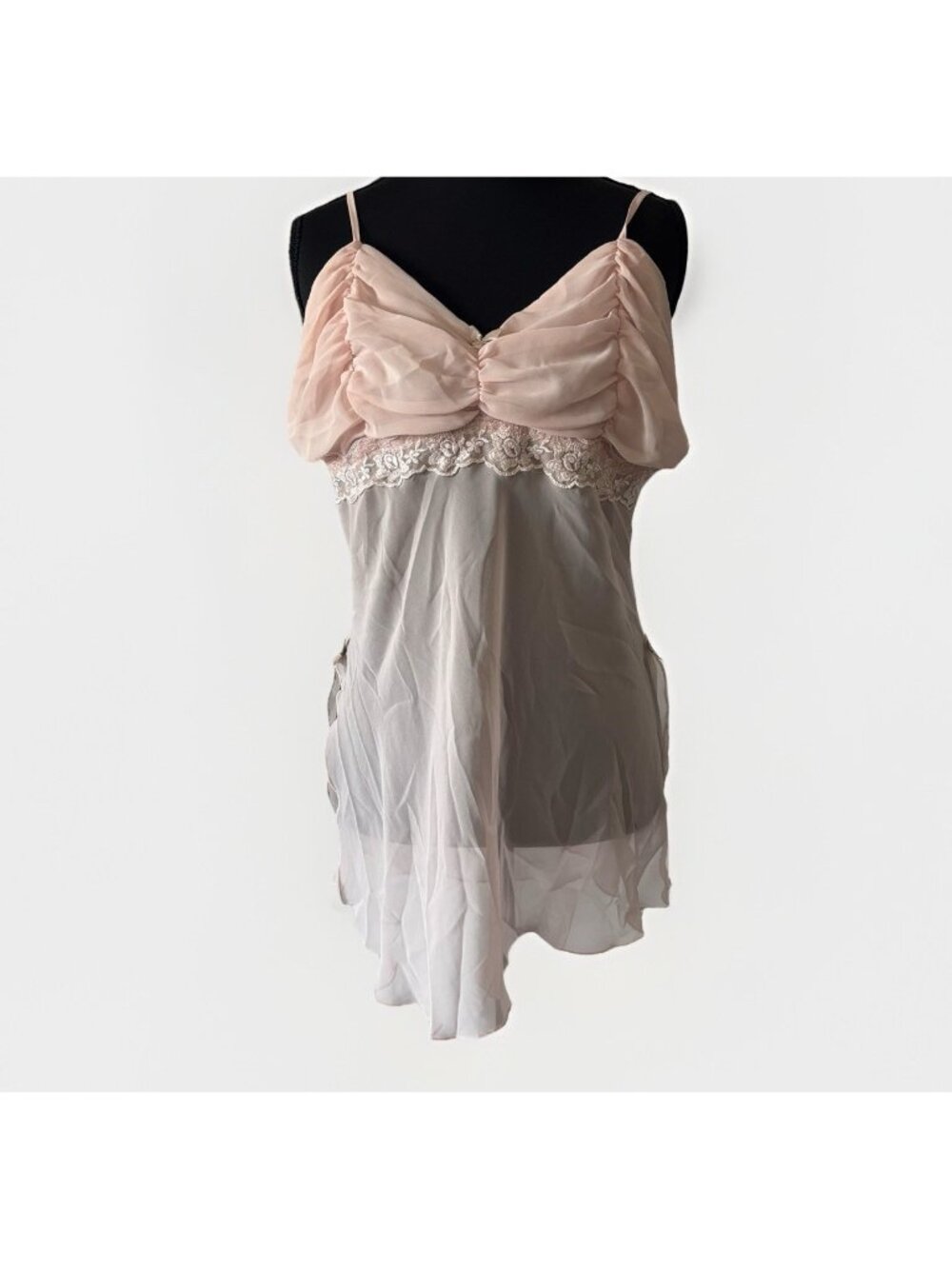 Y2K Sheer Pink Babydoll Top Women’s L Fairy Coquette Lettuce Trim Lace Softgirl